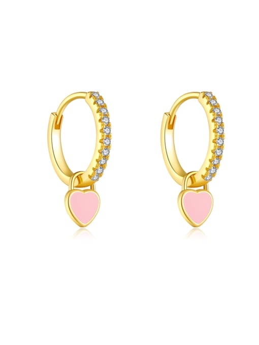 Golden [Pink Love] 925 Sterling Silver Cubic Zirconia Enamel Heart Trend Stud Earring